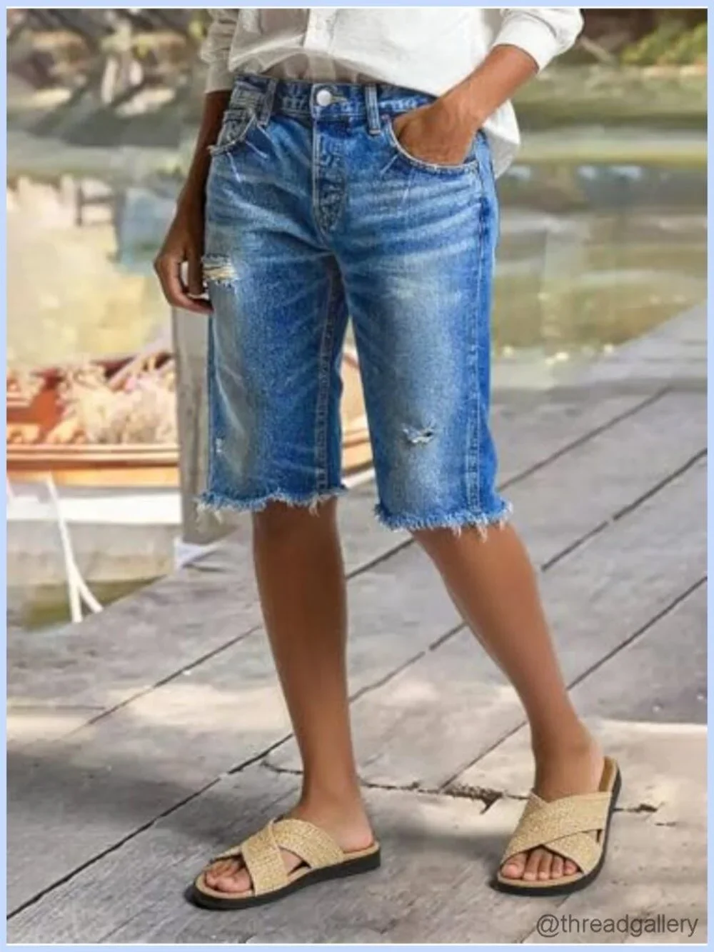 High Waist Straight Leg Bermuda Shorts Raw Hem Ripped Denim Women's Casual